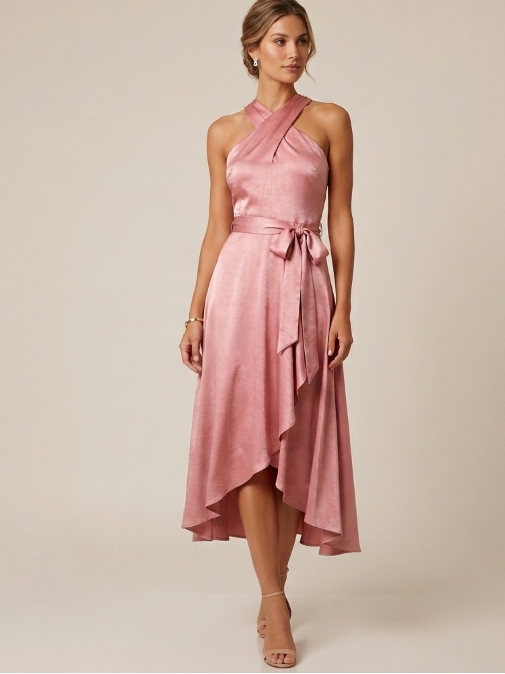NEW INC MIDI DRESS Faux-Wrap Size 14 fit and flare Tie-Waist mauve pink NWT - Picture 2 of 6